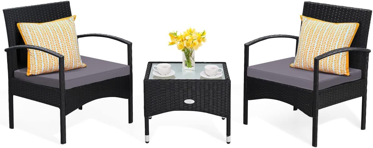 Tangkula 3 Pieces Patio Wicker Rattan Furniture Set, Rattan Chair with Coffee Table, High Load Bearing Chair Conversation Sets for Patio Garden Lawn Backyard Pool