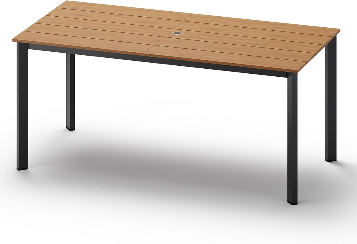 Outdoor Dining Table, Aluminum Patio HDPS Outdooor Table with Umbrella Hole, All Weather Patio Furniture Set, Patio Dining Table (Gray & Teak)
