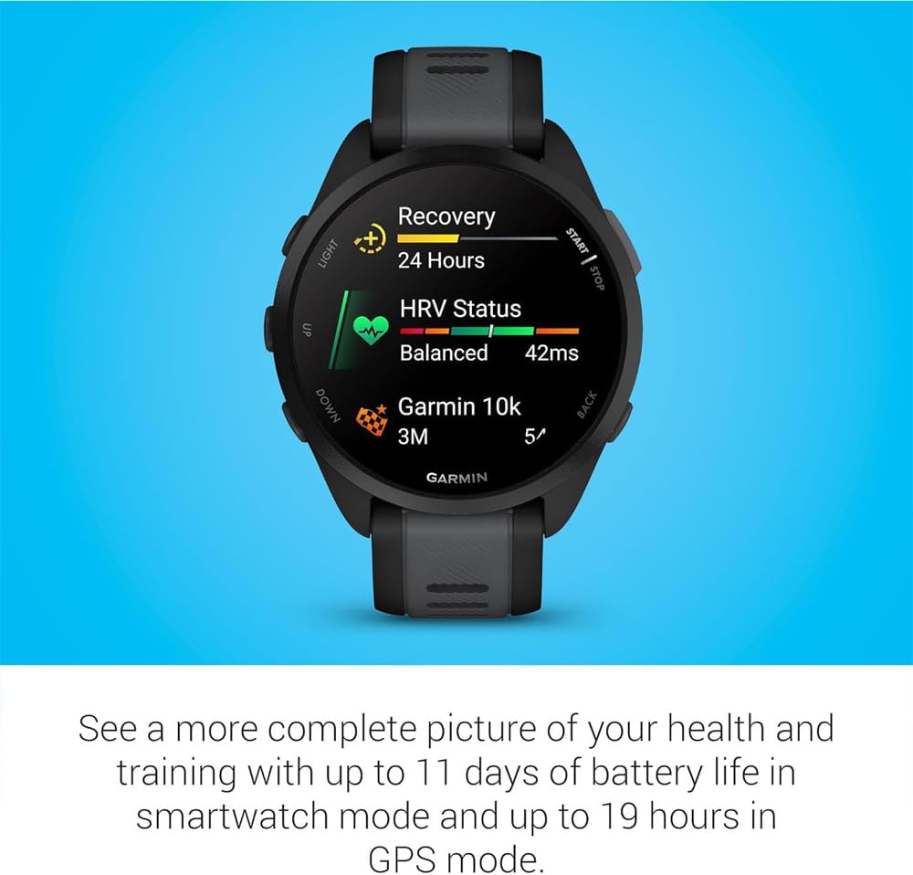 Garmin 010-02863-20 Forerunner 165 Smart Sport Watch, Black + Slate Gray | Official USA Partner Model | Bundle with Deco Essentials 2-Pack Screen Protector and Tech Smart USA Fitness & Wellness Suite