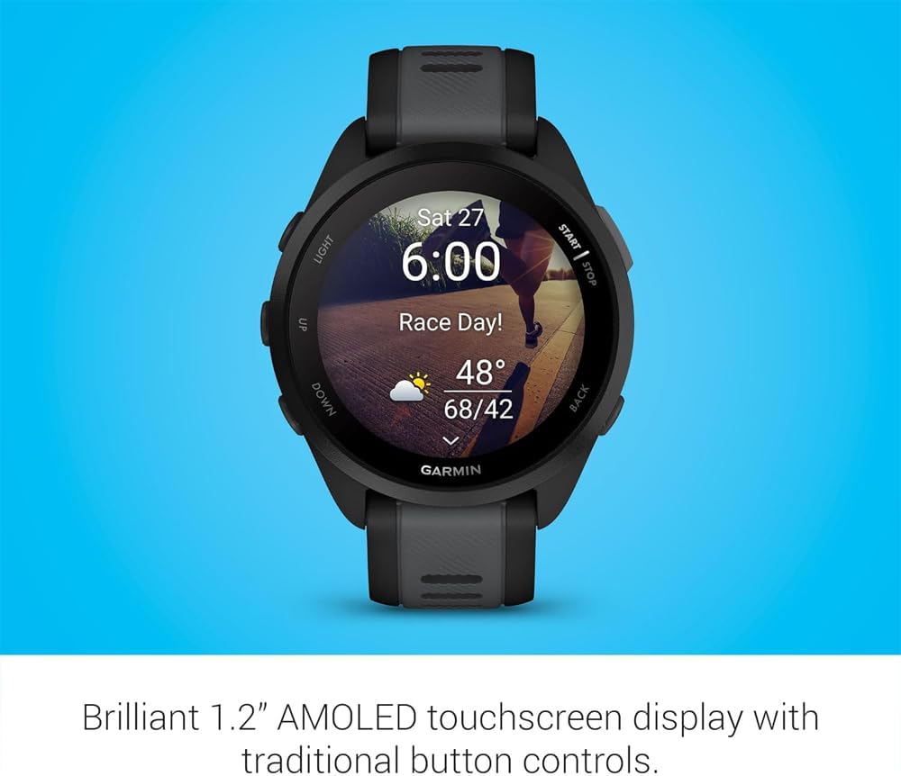 Garmin 010-02863-20 Forerunner 165 Smart Sport Watch, Black + Slate Gray | Official USA Partner Model | Bundle with Deco Essentials 2-Pack Screen Protector and Tech Smart USA Fitness & Wellness Suite