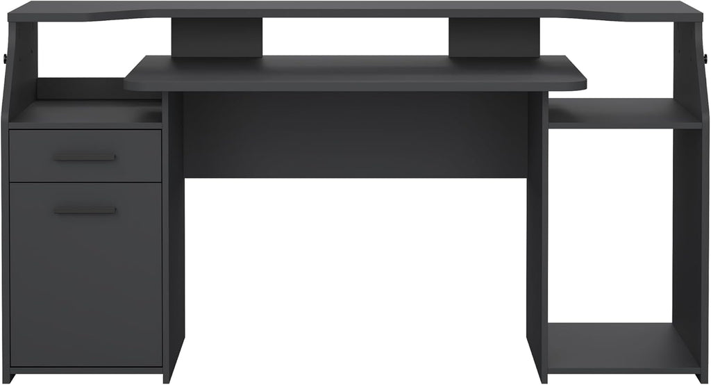 Tvilum Function Plus Computer Gaming Desk with Storage Shelves, Drawer and Monitor Riser, Black Color Finish