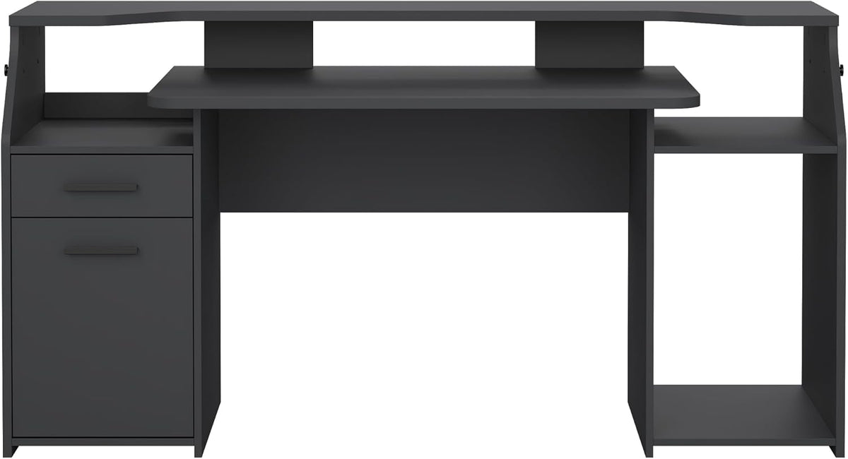 Tvilum Function Plus Computer Gaming Desk with Storage Shelves, Drawer and Monitor Riser, Black Color Finish