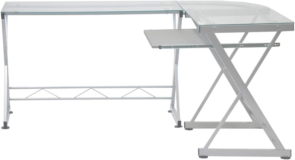 Techni Mobili L Shaped Desk with Keyboard Tray - Efficient Work from Home Desk - Glass L Shaped Desk - Professional Work Desk for Home Office - Versatile Glass Corner Desks for Home Office