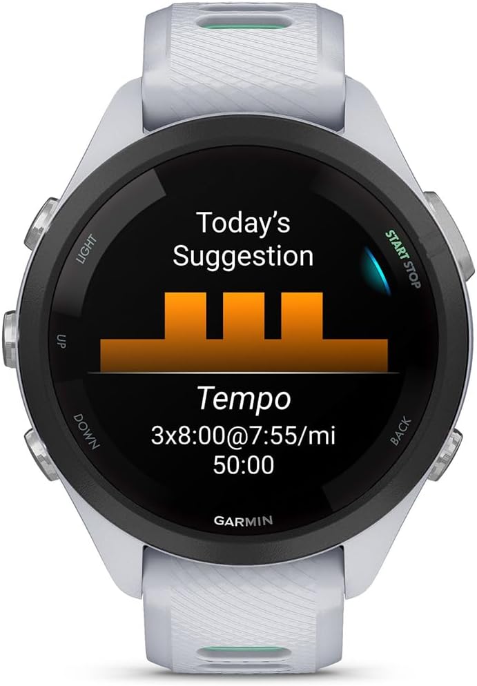 Garmin 010-02810-04 Forerunner 265S GPS Smartwatch Whitestone/Neo Tropic Bundle with Deco Essentials Charging Dock, Silicone Dust Cover 3 Pack and USB Type C Charging Cable