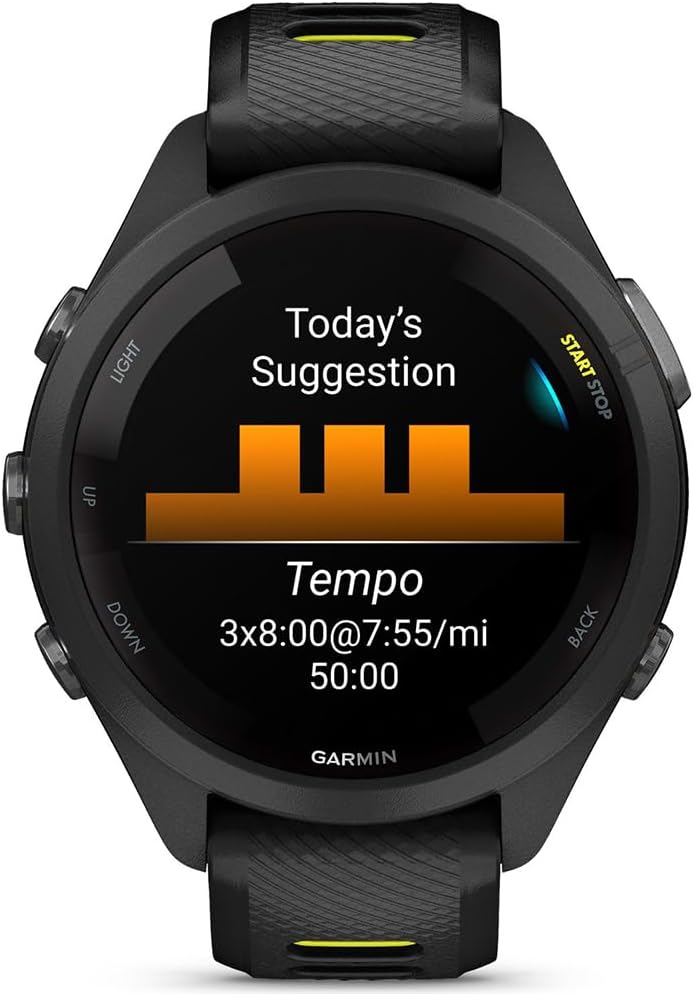 Garmin 010-02810-03 Forerunner 265S GPS Smartwatch Black/Amp Yellow Bundle with Deco Essentials Charging Dock, Silicone Dust Cover 3 Pack and USB Type C Charging Cable