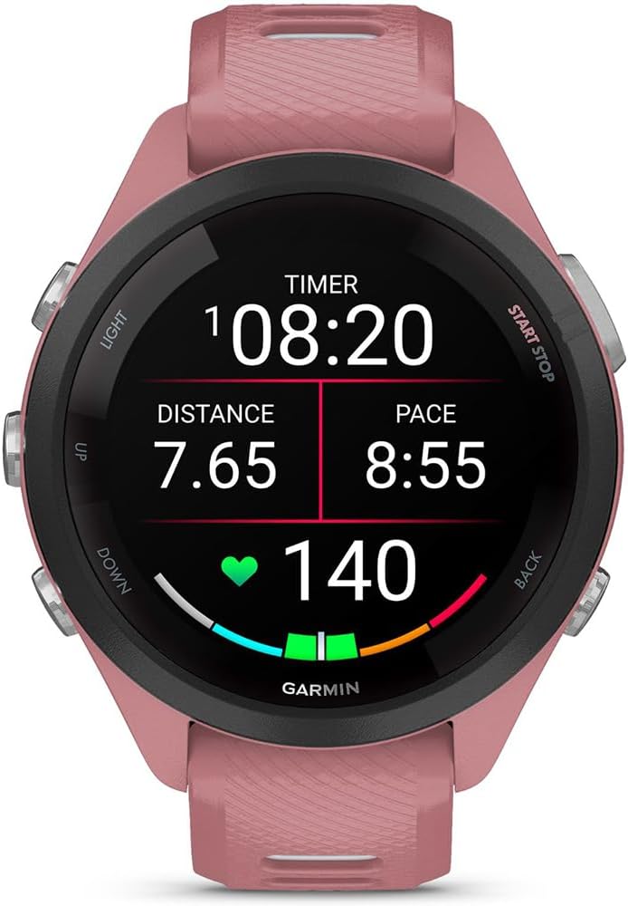 Garmin 010-02810-05 Forerunner 265S GPS Smartwatch Light Pink/Whitestone Bundle with Deco Essentials Charging Dock, Silicone Dust Cover 3 Pack and USB Type C Charging Cable