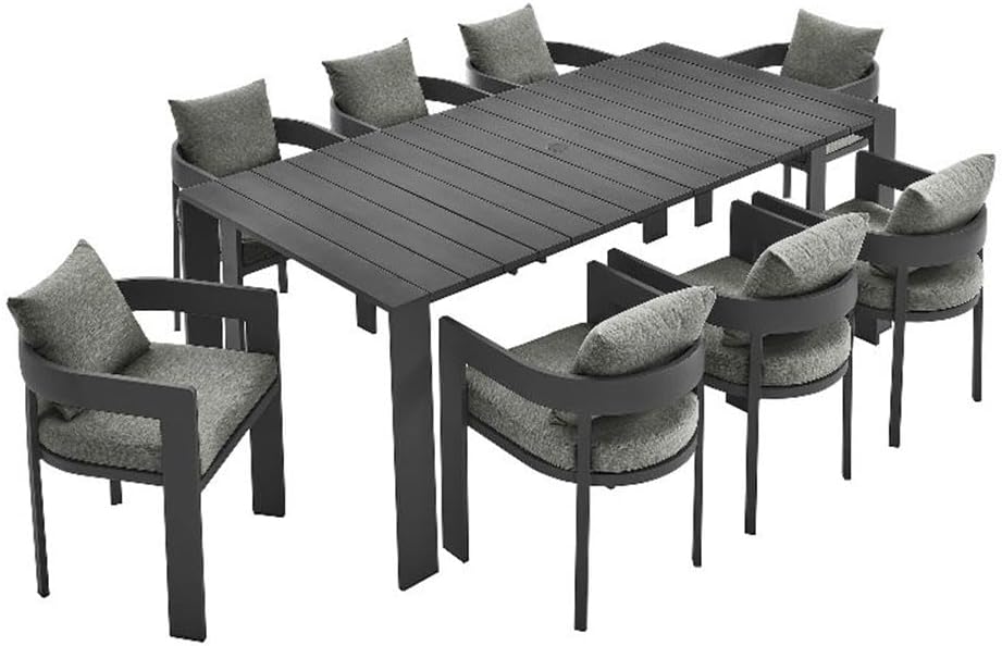 Modway Tahoe Outdoor Patio Powder-Coated Aluminum 9-Piece Dining Set in Gray Gray - Rectangular Patio Furniture Set for 8 - Outside Table with Umbrella Hole and Cushioned Chairs - Modern Patio Set