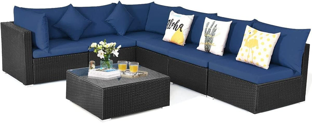 HAPPYGRILL 7 PCS Patio Furniture Set Outdoor Rattan Wicker Sectional Sofa Set with Cushions & Pillows & Coffee Table for Garden Lawn