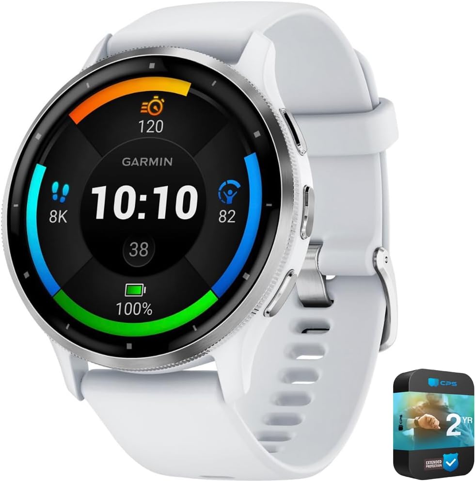 Garmin Venu 3 Health Fitness GPS Smartwatch Silver Steel Bezel & Whitestone Case (45mm) | Official USA Partner Model | Bundle 010-02784-00 with 2 YR CPS Enhanced Protection Pack