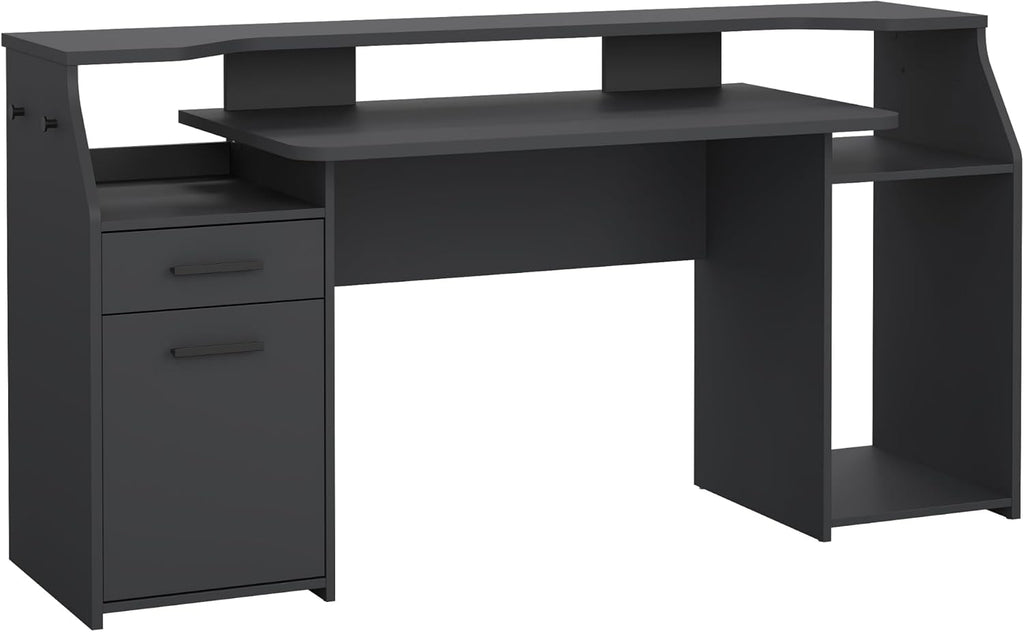 Tvilum Function Plus Computer Gaming Desk with Storage Shelves, Drawer and Monitor Riser, Black Color Finish