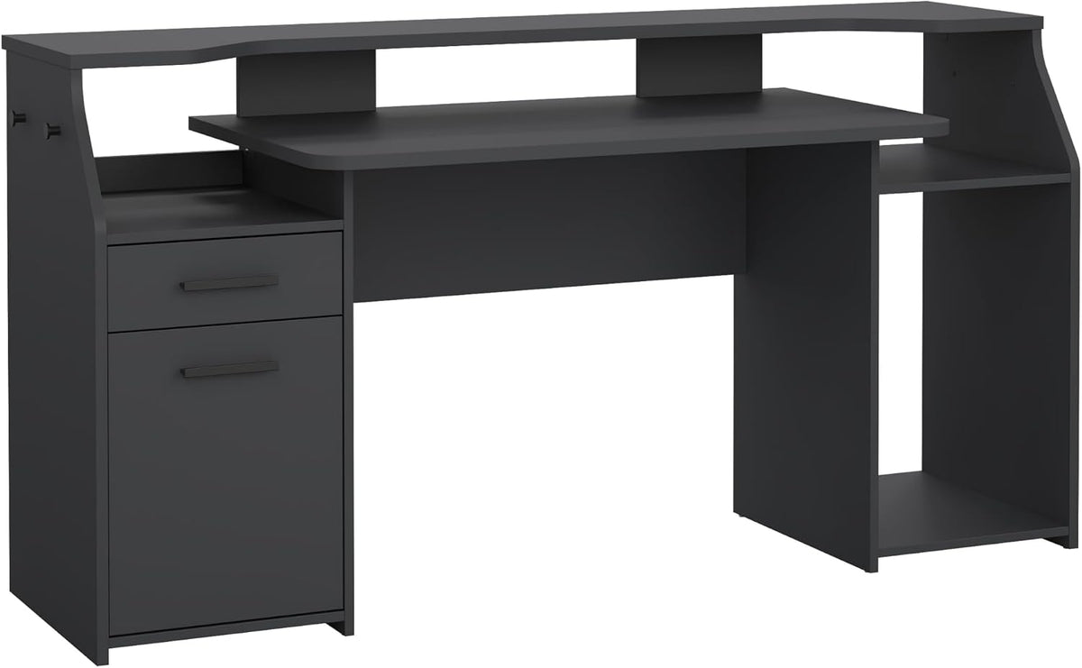Tvilum Function Plus Computer Gaming Desk with Storage Shelves, Drawer and Monitor Riser, Black Color Finish