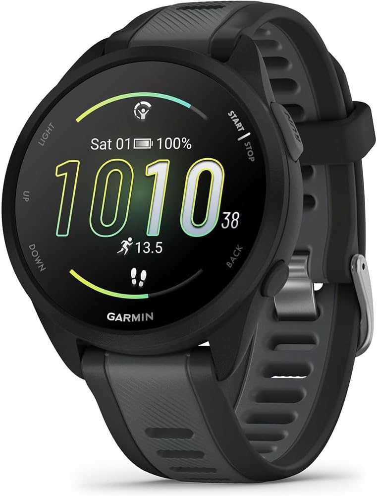 Garmin 010-02863-20 Forerunner 165 Smart Sport Watch, Black + Slate Gray | Official USA Partner Model | Bundle with Deco Essentials 2-Pack Screen Protector and Tech Smart USA Fitness & Wellness Suite