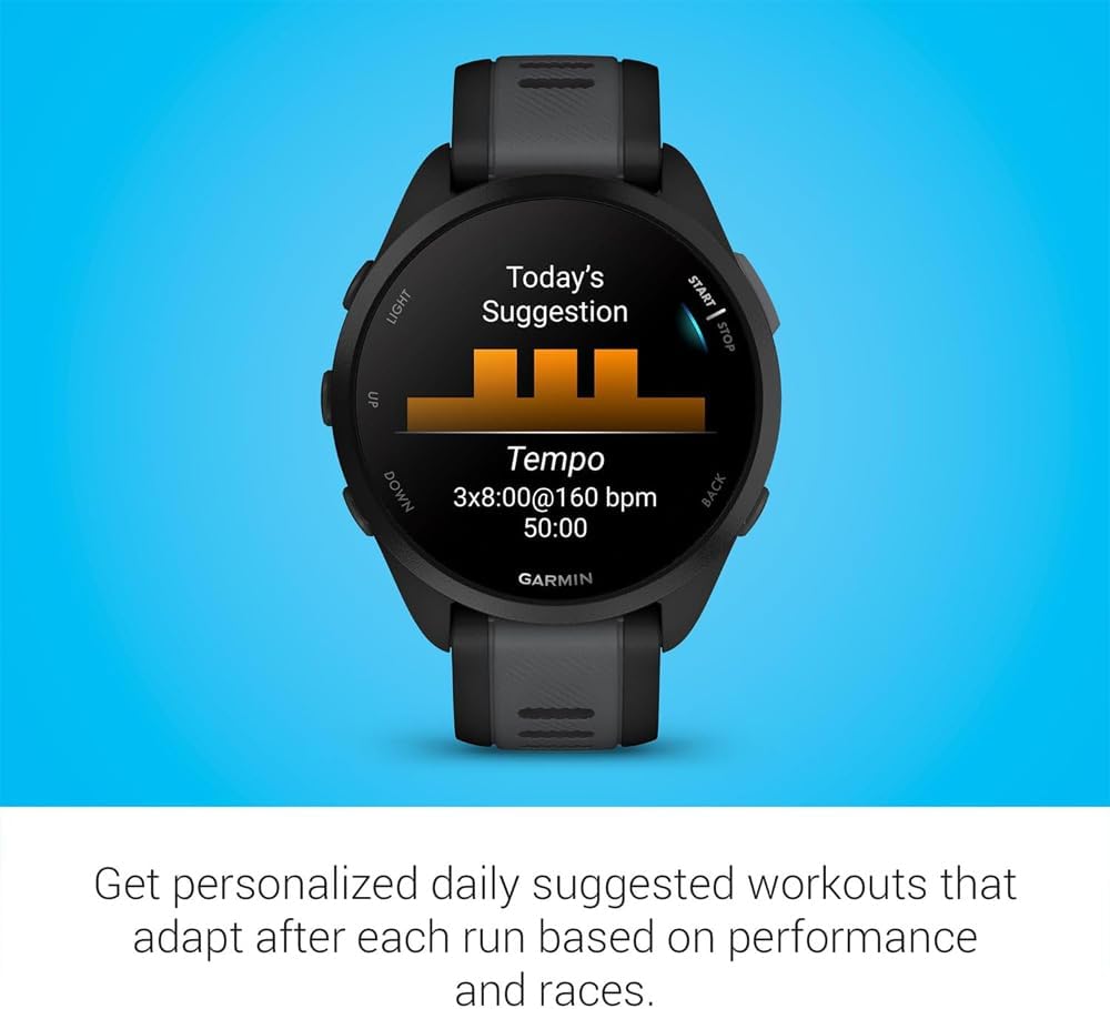 Garmin 010-02863-20 Forerunner 165 Smart Sport Watch, Black + Slate Gray | Official USA Partner Model | Bundle with Deco Essentials 2-Pack Screen Protector and Tech Smart USA Fitness & Wellness Suite