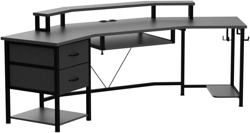 SEDETA 79' Gaming Desk, Computer Desk with 2 Fabric Drawers & LED Light, L Shaped Gaming Desk with Storage Shelf for Home Office, Carbon Fiber Black