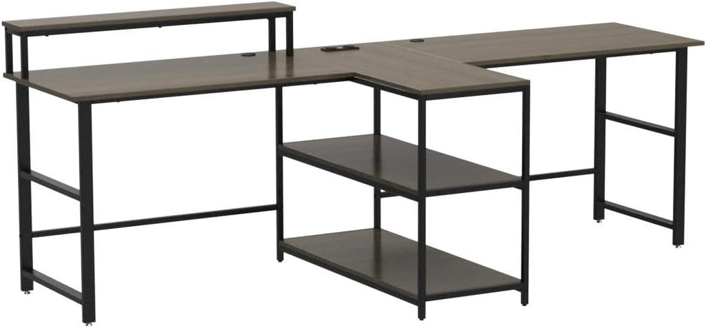 SEDETA 94.5' White Computer Desk, Two Person Gaming Desk with LED Light, Keyboard Tray, Power Strip with USB, Monitor Shelf & Storage, Extra Long Double Desk for Home Office, White