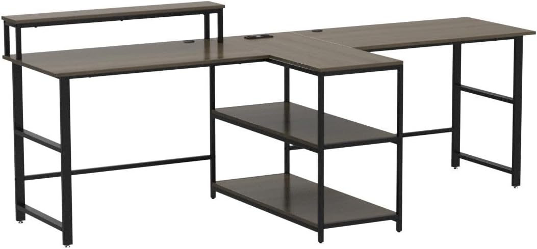 SEDETA 94.5' White Computer Desk, Two Person Gaming Desk with LED Light, Keyboard Tray, Power Strip with USB, Monitor Shelf & Storage, Extra Long Double Desk for Home Office, White