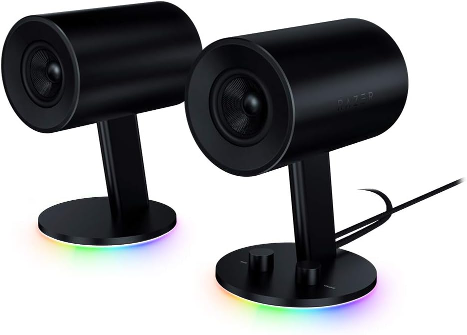 Razer Nommo Chroma: Custom Woven 3' Glass Fiber Drivers - Rear-Facing Bass Ports - Bass Knob w/Automatic Gain Control Chroma Enabled - Full Range 2.0 PC Gaming Speakers, Black