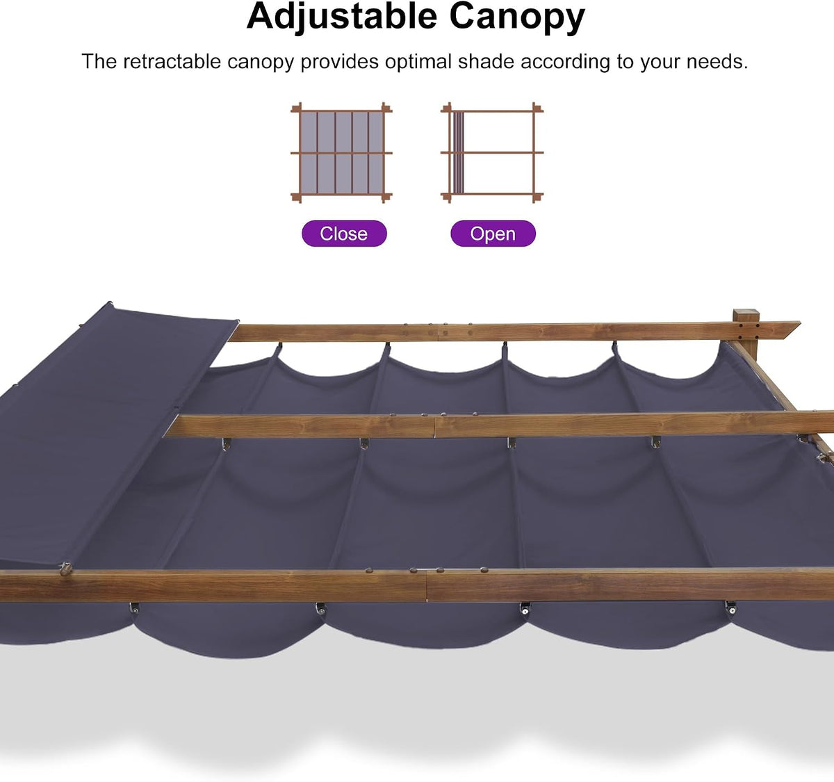 PURPLE LEAF 10' x 10' Outdoor Retractable Pergola with Sun Shade Canopy Metal Shelter for Patio Garden Pavilion Natural Wood Grain Frame Gazebo Modern Backyard Grill Pergola, Navy Blue