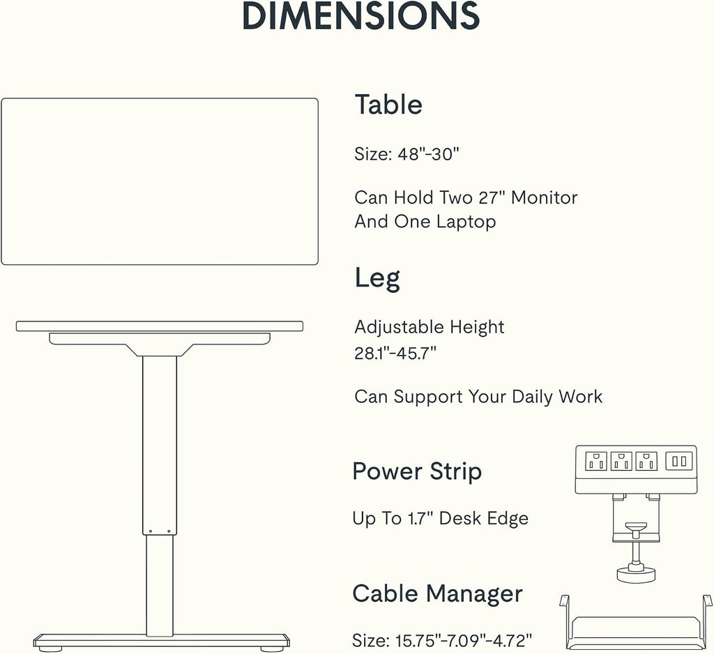 FLEXISPOT EN2 Whole-Piece Standing Desk with Clamp Power Strip, 48x30 Electric Stand Up Height Adjustable Desk with Cable Management (Black Frame + Black Top, 2 Packages)