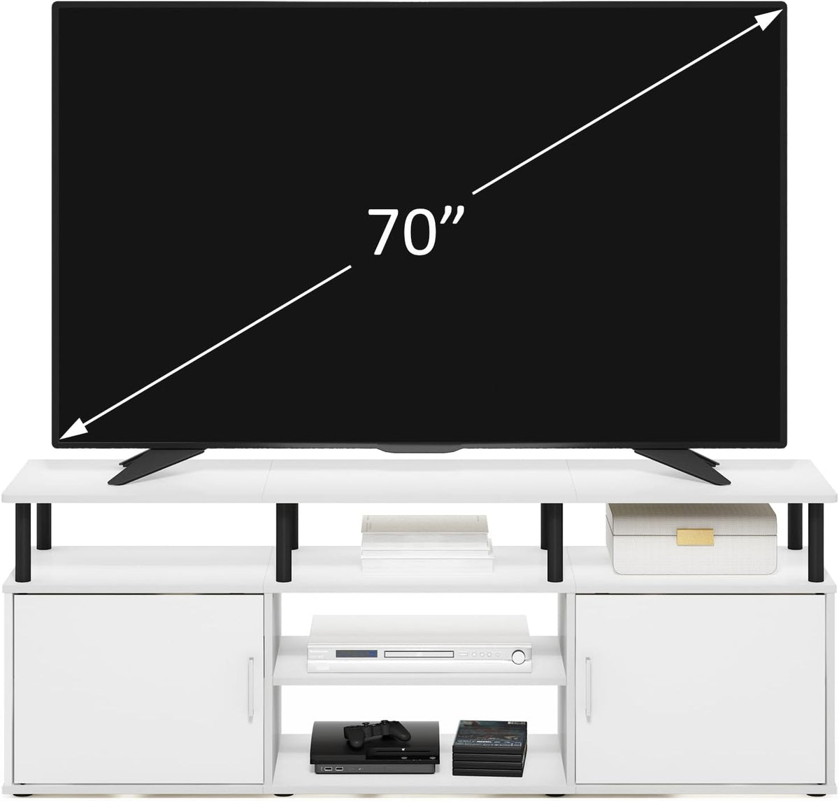 Furinno Jensen Entertainment Center Stand for TV up to 70 Inch, Plastic Pole, Solid White/Black