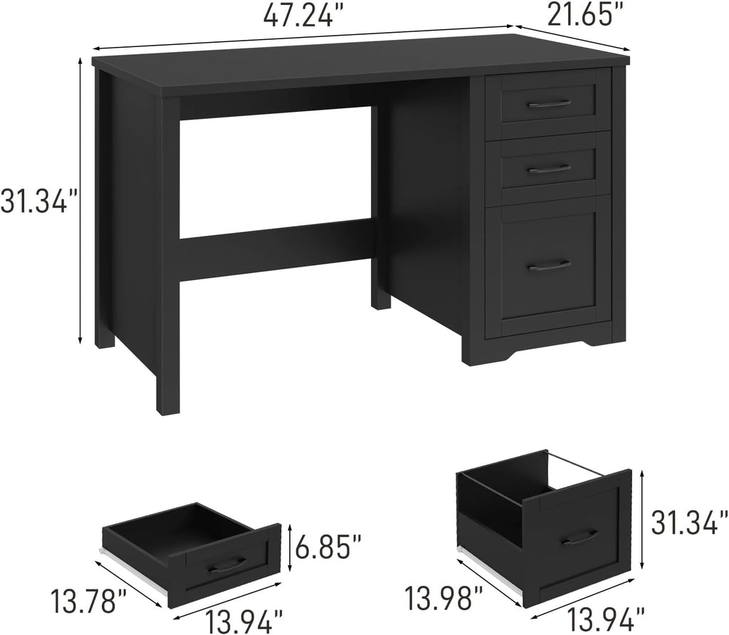Vabches Farmhouse 47' Executive Desk with File Drawer, Mutual Installation Rustic Computer Desk with 2 Storage Drawers,Office Home Workstation for Work Study Writing, Black