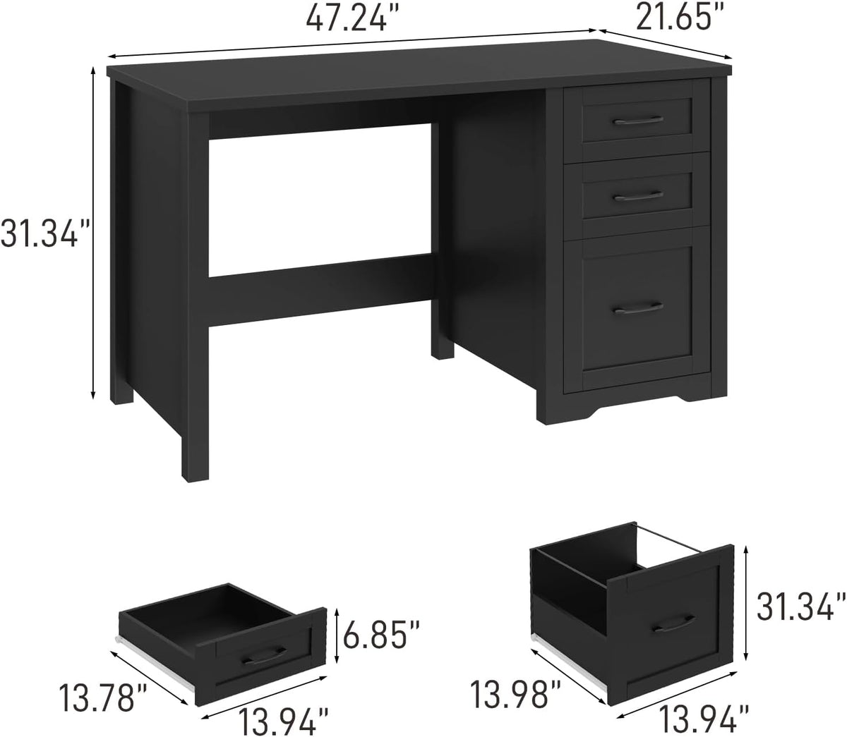 Vabches Farmhouse 47' Executive Desk with File Drawer, Mutual Installation Rustic Computer Desk with 2 Storage Drawers,Office Home Workstation for Work Study Writing, Black