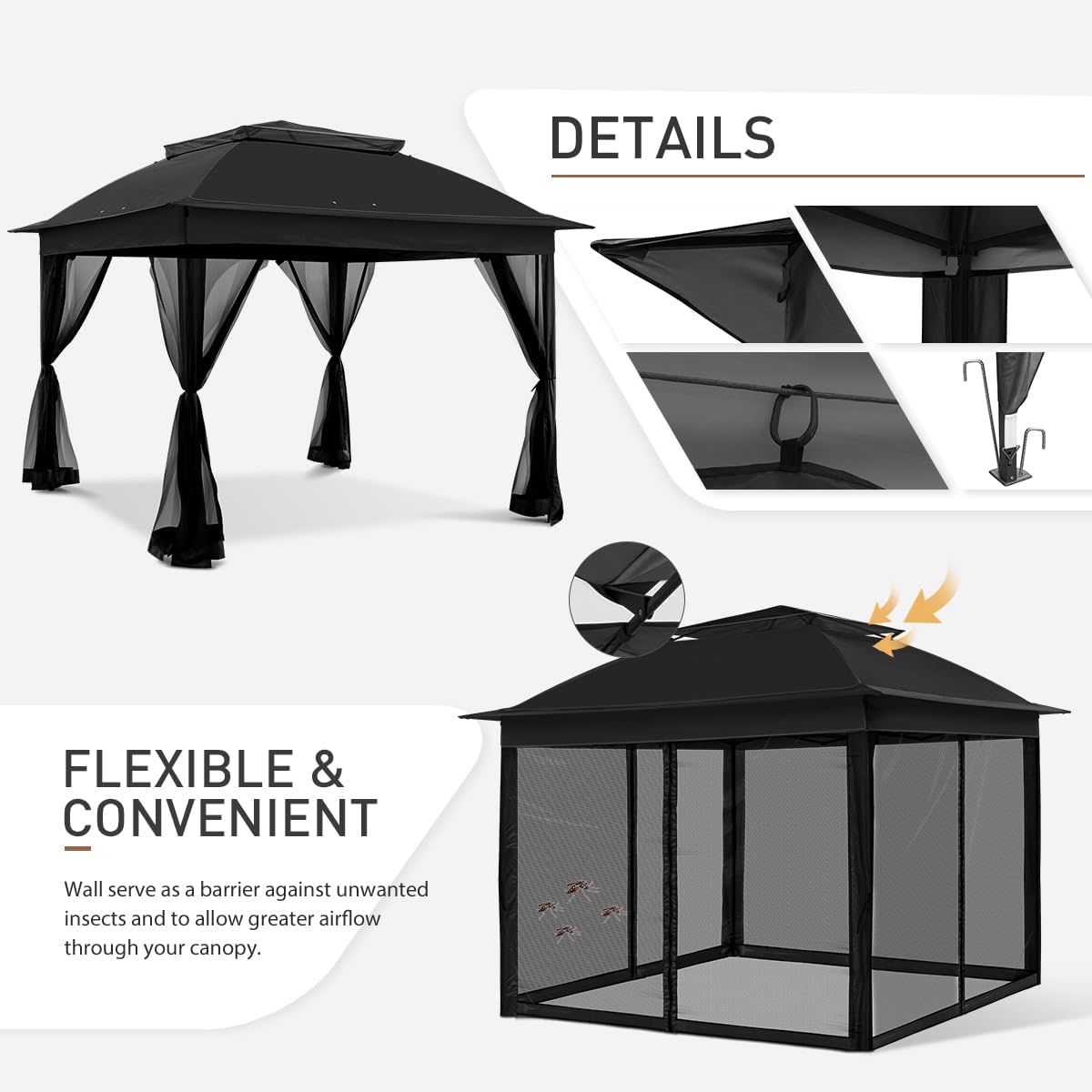 COOS BAY 11x11 Pop Up Gazebo with Mesh Netting, Instant Outdoor Canopy Tent, Water Resistant Shelter with UPF 50+ UV Protection, 121 Sq Ft Coverage, Black