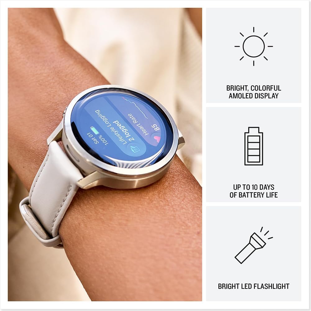 Garmin 010-03013-03 Venu 4, 41mm Smartwatch, Lunar Gold with Bone Band and Light Sand Leather Band Bundle with Deco Essentials Exclusive 26 Month CPS Enhanced Protection Pack