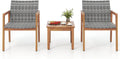 HAPPYGRILL 3 Pieces Patio Furniture Set, PE Rattan Patio Bistro Set with Chairs & Coffee Table, Outdoor Acacia Wood Conversation Set for Garden, Backyard, Poolside & Porch