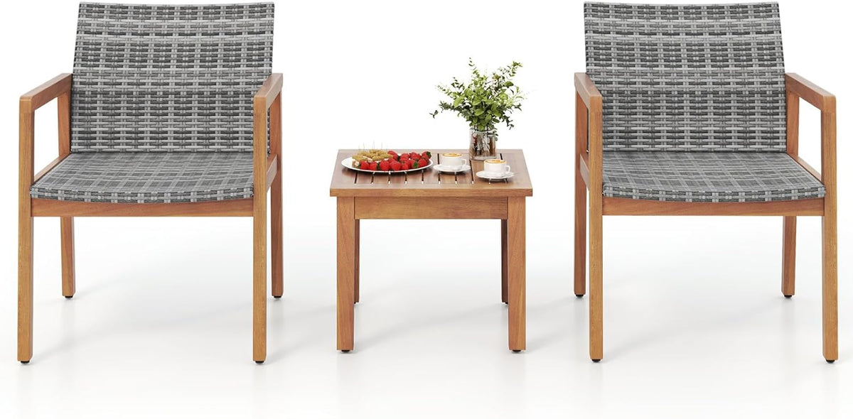 HAPPYGRILL 3 Pieces Patio Furniture Set, PE Rattan Patio Bistro Set with Chairs & Coffee Table, Outdoor Acacia Wood Conversation Set for Garden, Backyard, Poolside & Porch