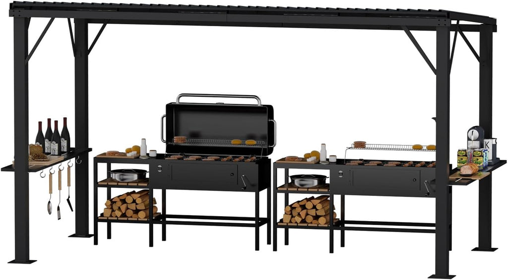 EBE 6'x12' Hardtop Grill Gazebo, Outdoor BBQ Gazebo with Side Shelves, Grill Pergola Canopy with Bottle Opener & Hooks, Metal Gazebo for Patio, Backyard, Deck