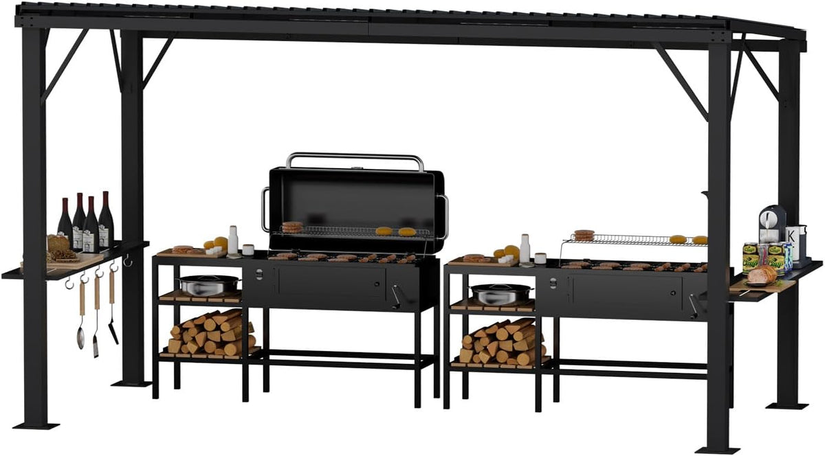 EBE 6'x12' Hardtop Grill Gazebo, Outdoor BBQ Gazebo with Side Shelves, Grill Pergola Canopy with Bottle Opener & Hooks, Metal Gazebo for Patio, Backyard, Deck