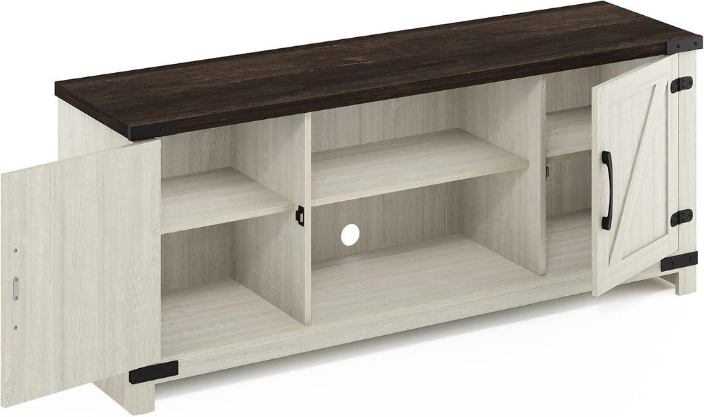 Furinno Jensen Farmhouse Barn Door Living Room TV Stand with Storage Cabinets for TV up to 70 Inch, Ebony/White Wash