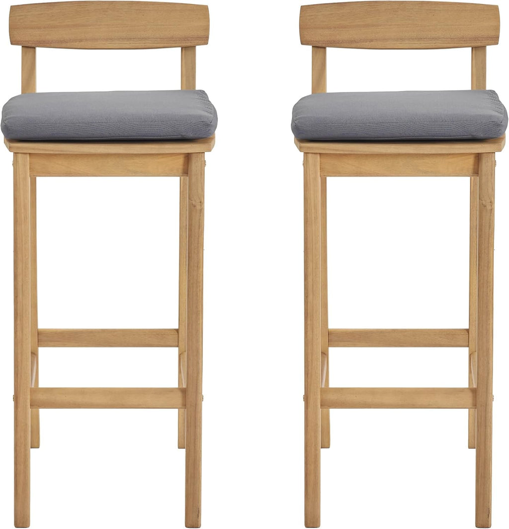 Patio Bar Stools Set of 2, Solid Acacia Wood Patio Barstools with Footrest, 28.5' Counter Height Outdoor Bar Stools, High Top Patio Bar Chairs for Balcony/Deck/Kitchen Island/Bistro, Grey