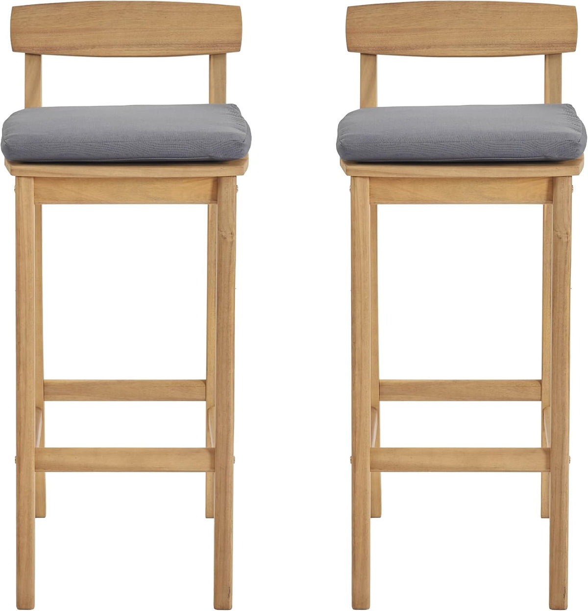 Patio Bar Stools Set of 2, Solid Acacia Wood Patio Barstools with Footrest, 28.5' Counter Height Outdoor Bar Stools, High Top Patio Bar Chairs for Balcony/Deck/Kitchen Island/Bistro, Grey