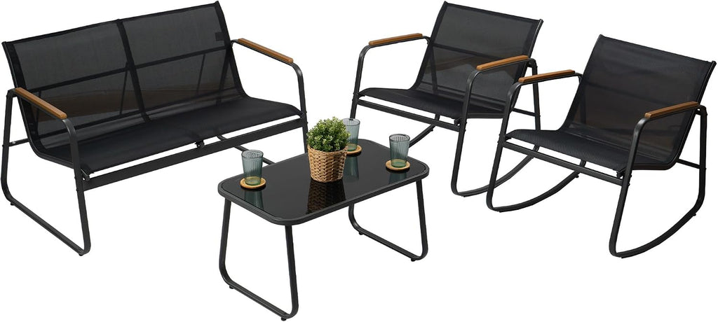 Kozyard 4-Piece Outdoor Patio Furniture Set with Textilene Chairs, Metal Conversation Set, Tempered Glass Coffee Table, Powder-Coated Steel Frame for Garden, Poolside, Backyard Black