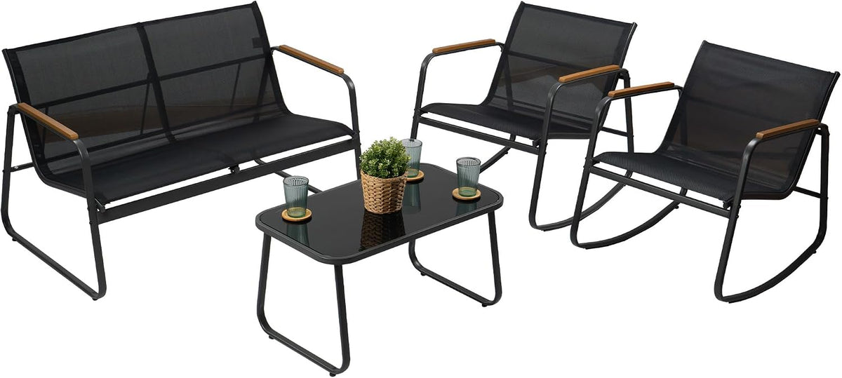 Kozyard 4-Piece Outdoor Patio Furniture Set with Textilene Chairs, Metal Conversation Set, Tempered Glass Coffee Table, Powder-Coated Steel Frame for Garden, Poolside, Backyard Black