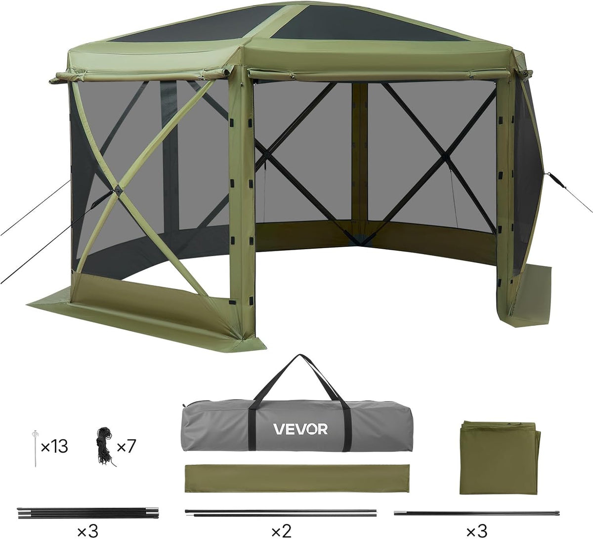 VEVOR Pop up Gazebo Screen Tent, 10 x 10 ft Large 6-Sided Camping Canopy Tent with Removable Top & Carry Bag, Quick-Set & Bite-Proof, Screen House Sun Shelter for 6-8 Persons Backyard Patio, Green
