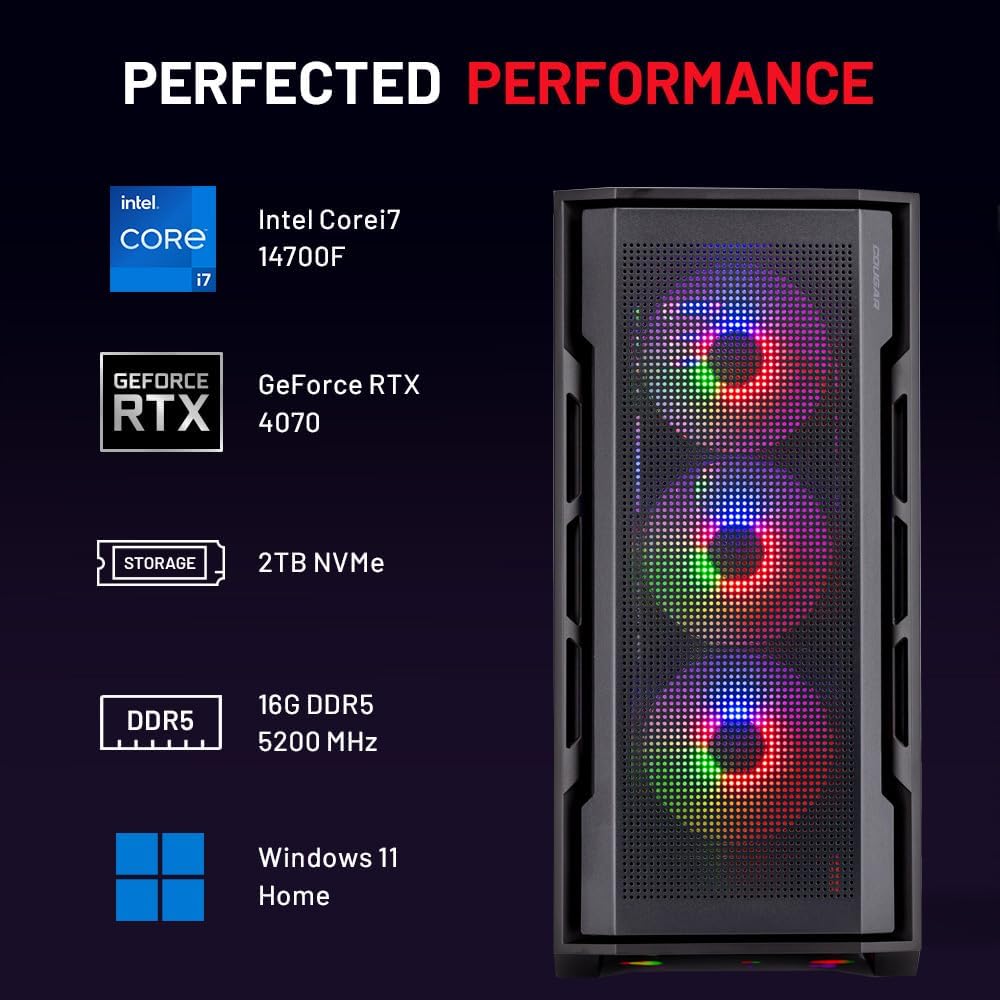 Skytech Gaming Rampage Desktop PC, Intel i7 14700F 2.1 GHz (5.3GHz), NVIDIA RTX 4070 12GB, 2TB NVMe SSD, 16GB DDR5 RAM 5200, 750W Gold PSU, 360mm ARGB AIO, Wi-Fi, Win 11