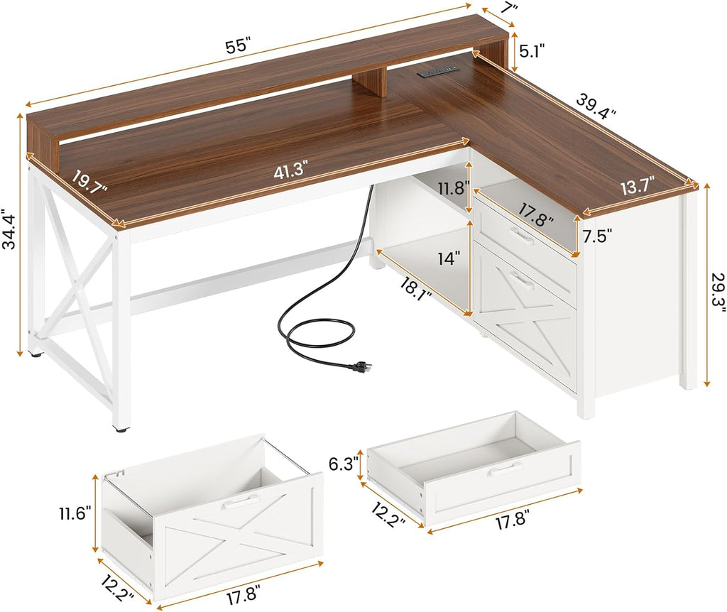 SEDETA Farmhouse L Shaped Desk, 55' Home Office Desk with Drawers and Storage Shelves, L Shaped Gaming Desk with LED Lights, Power Outlet and Monitor Shelf, Brown