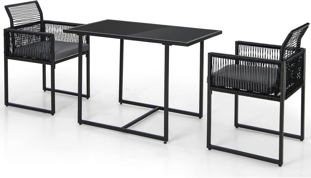 DORTALA Wicker Outdoor Bistro Set 3 Piece, Small Patio Furniture Dining Set with with Cushions, Tempered Glass Tabletop, All- Weather Table and Chairs for Backyard, Balcony, Poolside, Black+Grey