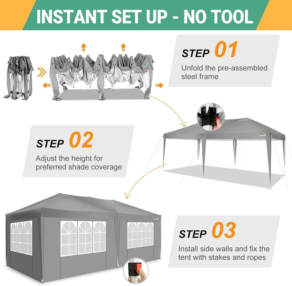 COBIZI 10x20 Pop Up Canopy Tent with 6 Sidewalls Easy Pop Up Tent 10x20 Waterproof Commercial Instant Shelter UPF 50+ Portable Gazebo Wedding Tents for Parties Carport Vender Events, Gray
