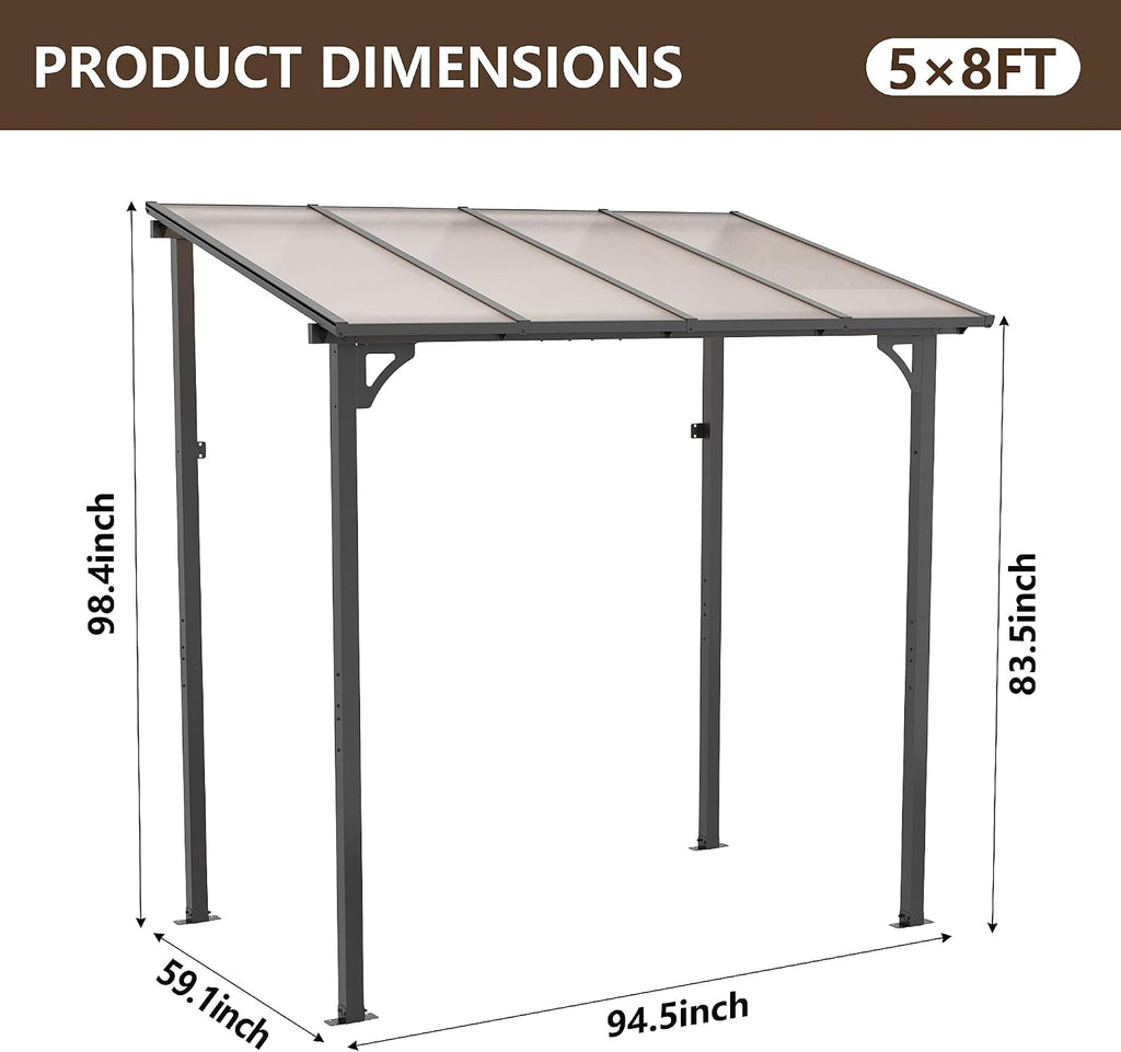 5' x 8' Lean to Gazeb,Hardtop Galvanized Steel Pergola with Sloped Polycarbonate Roof,Wall Mounted Gazebo Patio Canopy with Ground Anchor for Backyard Deck