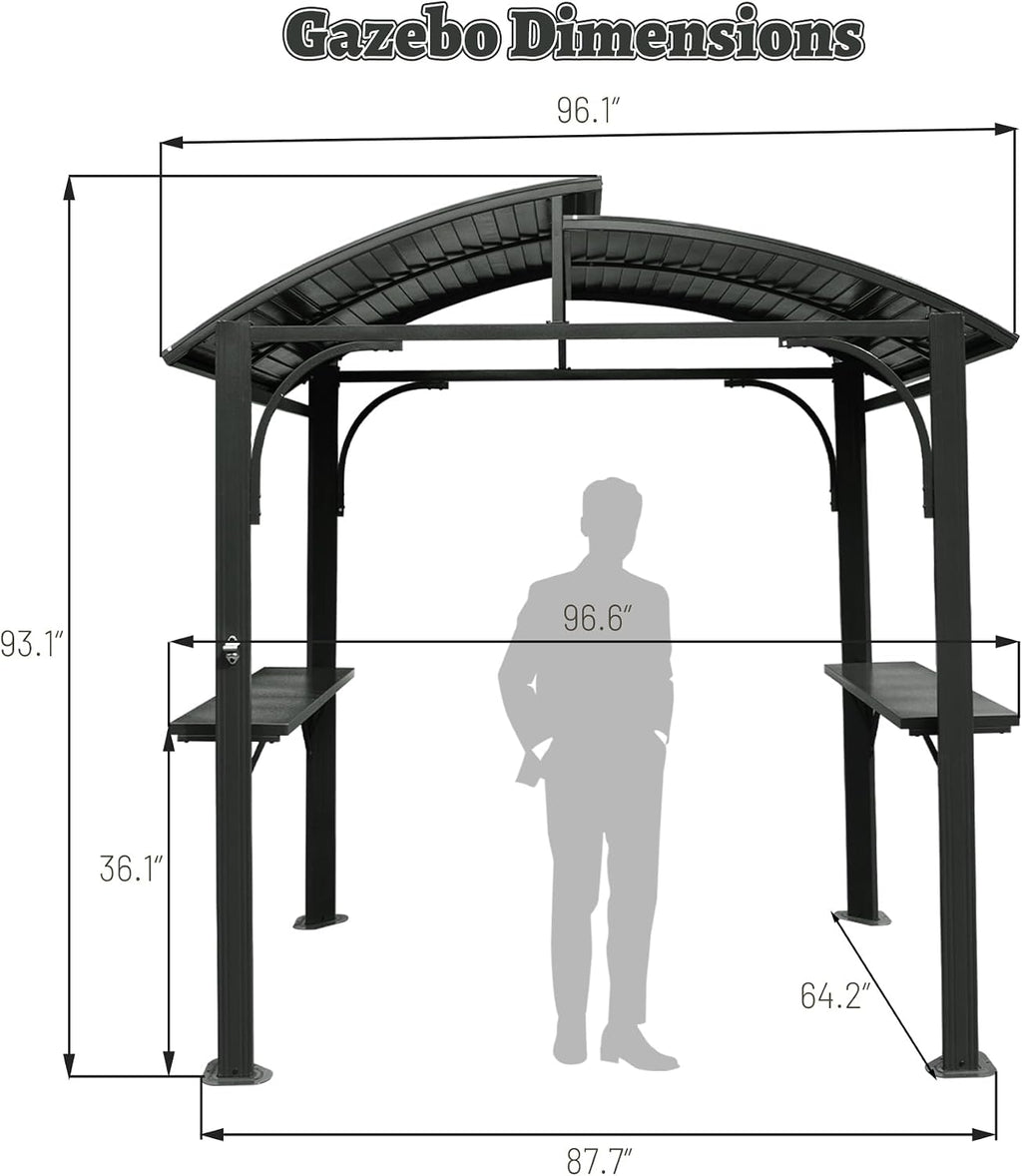 8x5FT Hardtop Grill Gazebo, All-Weather Outdoor Gazebo with 2 Side Shelves and Bottle Opener, Galvanized Steel Double ARC Roof, Outdoor Metal Grill Canopy for Patio, Backyard, Lawn, Deck – Grey