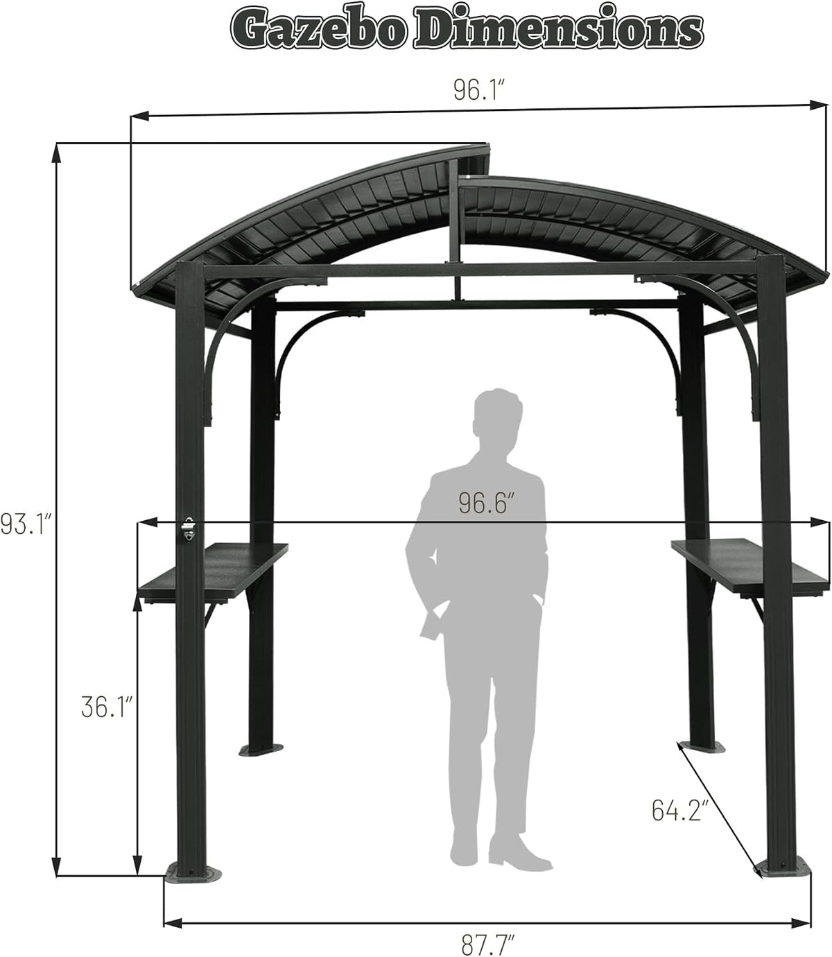 8x5FT Hardtop Grill Gazebo, All-Weather Outdoor Gazebo with 2 Side Shelves and Bottle Opener, Galvanized Steel Double ARC Roof, Outdoor Metal Grill Canopy for Patio, Backyard, Lawn, Deck – Grey