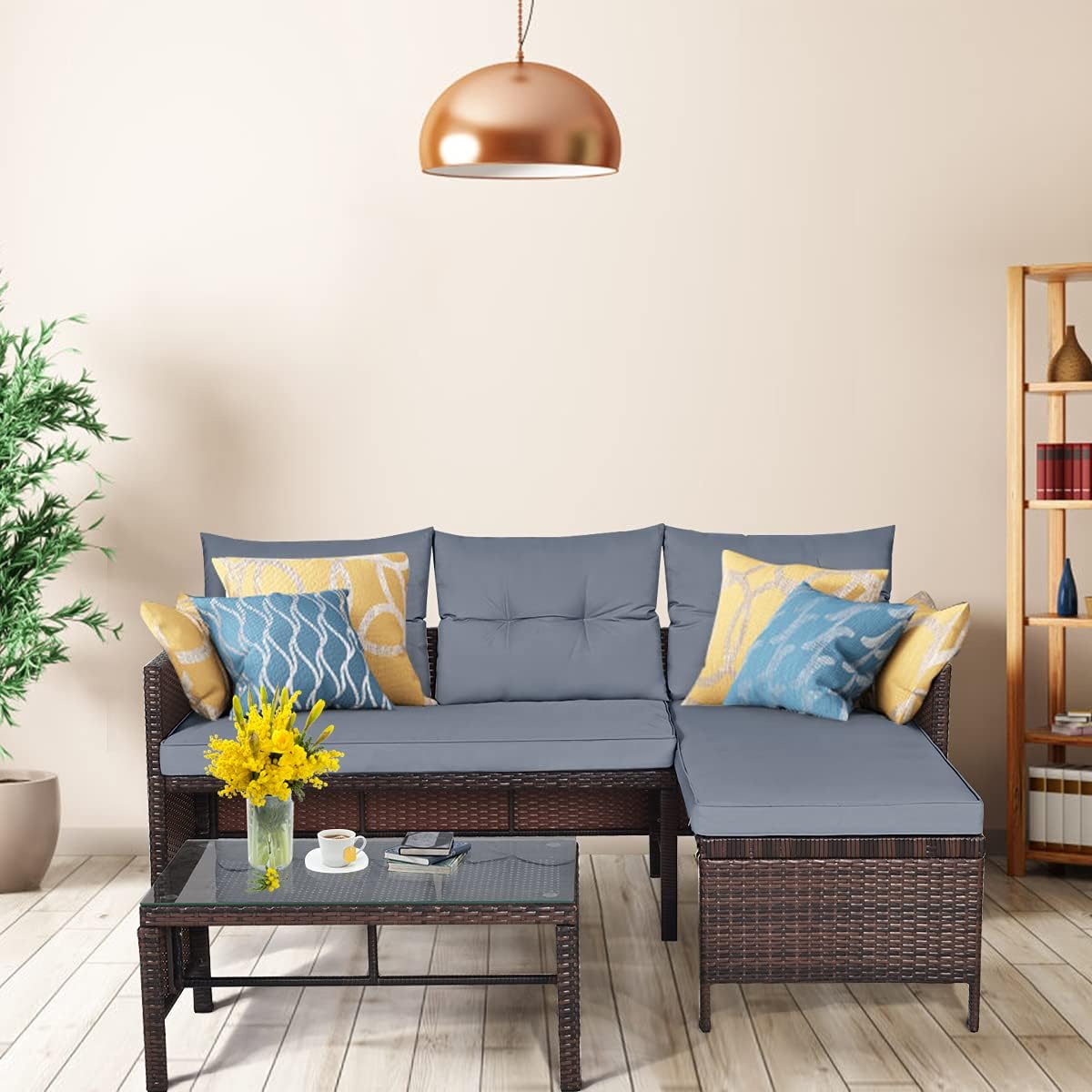 3 Pieces Rattan Sectional Sofa Set, Patio Wicker Rattan Conversation Set with Chaise Lounge, Love Seat & Coffee Table, Patio Furniture Set for Garden, Lawn, Poolside (Gray)