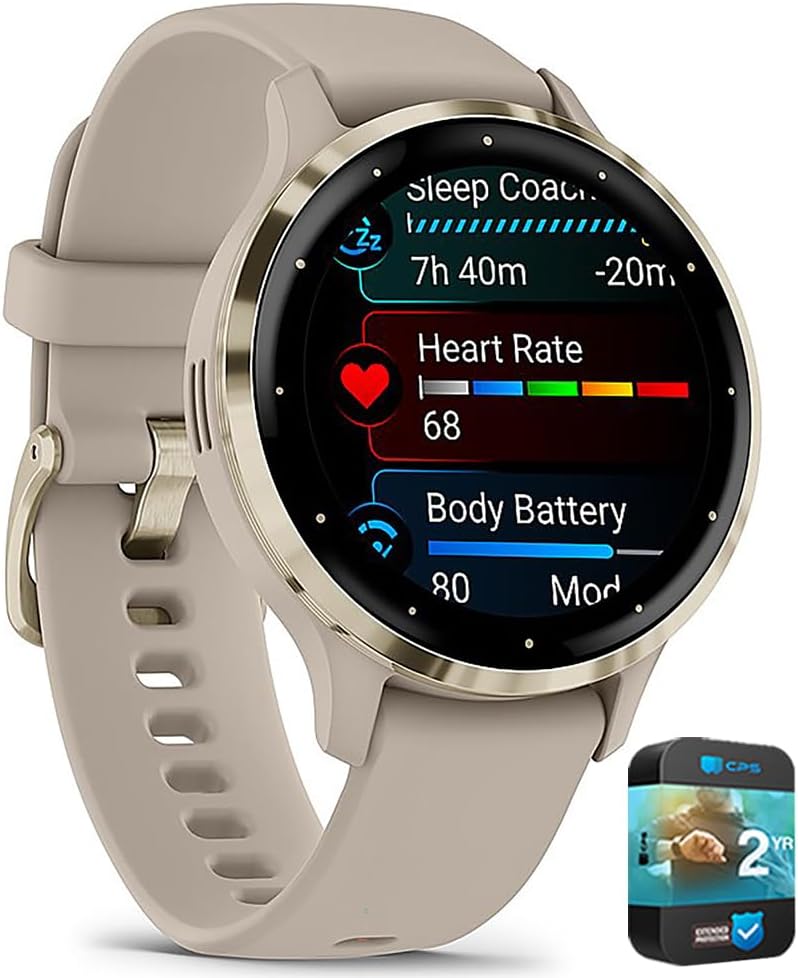 Garmin 010-N2785-02 Venu 3S Health Fitness GPS Smartwatch Soft Gold Bezel/Gray Band 41mm (Renewed) Bundle with 2 YR CPS Enhanced Protection Pack
