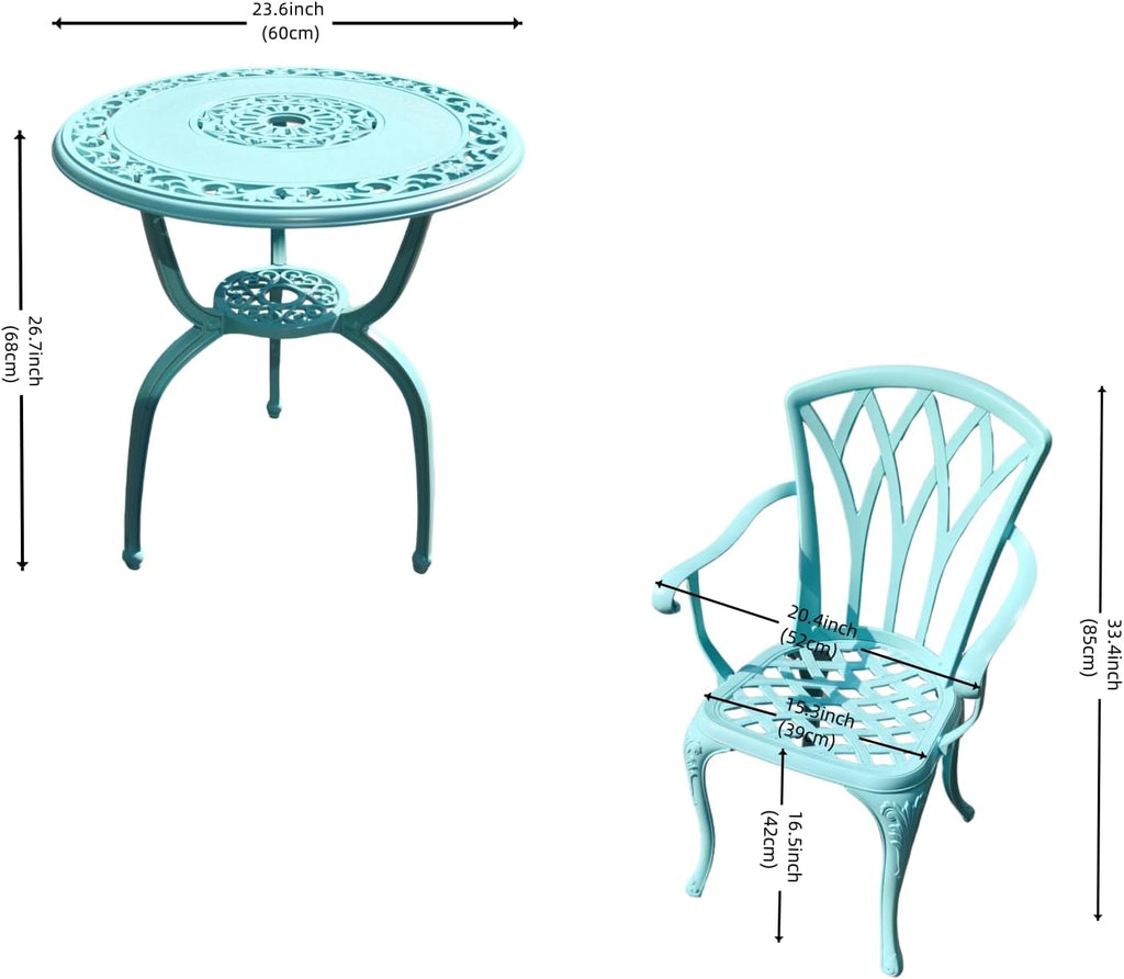 KAILI 3 Piece Bistro Table Set Cast Aluminum Outdoor Patio Furniture with Chair with armrests (Light Blue)