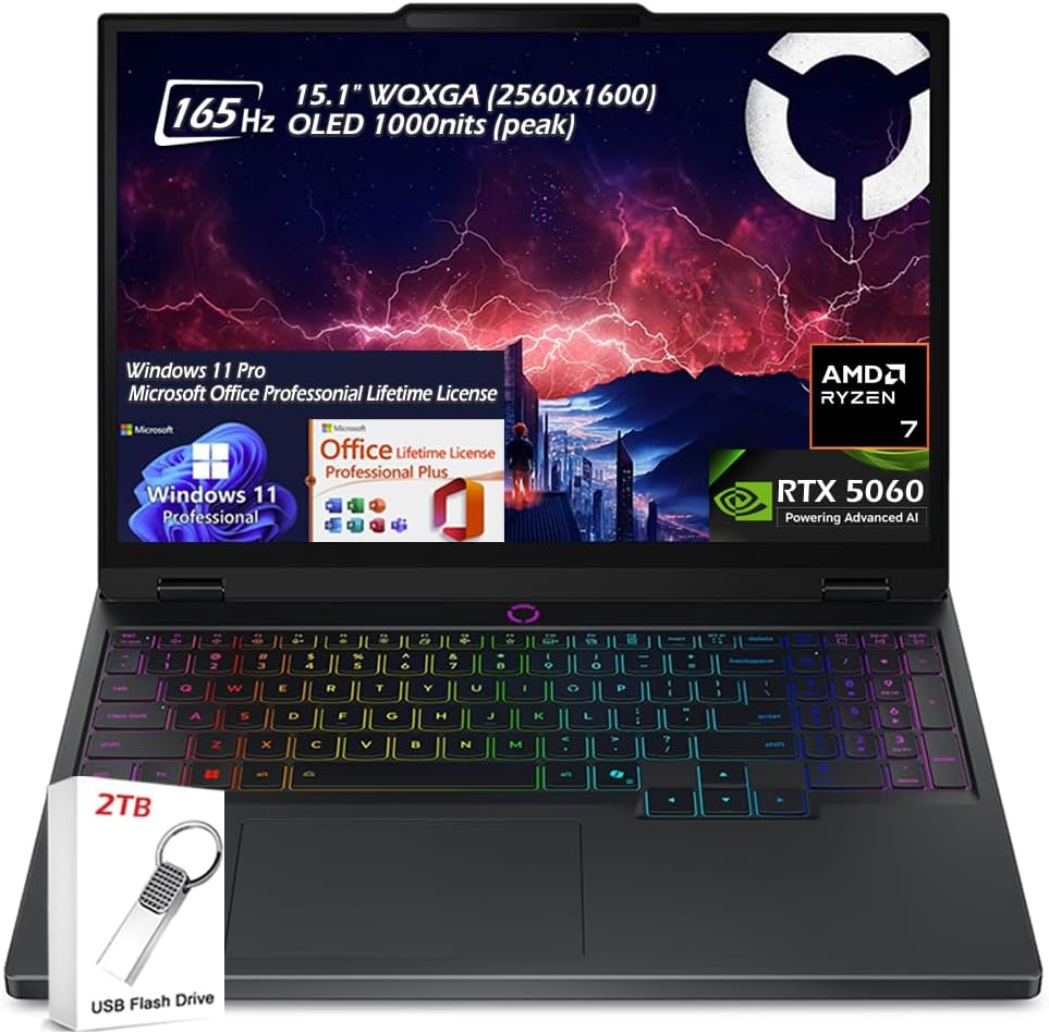 Lenovo Legion 5 15.1' WQXGA OLED 165HZ Gaming Laptop, AMD Ryzen 7 260, RTX 5060, 16GB RAM 2TB SSD, Wi-Fi7, Backlit KB, Win11 Pro & Office Lifetime License, Eclipse Black, w/2TB USB Drive, W/GaLiMu
