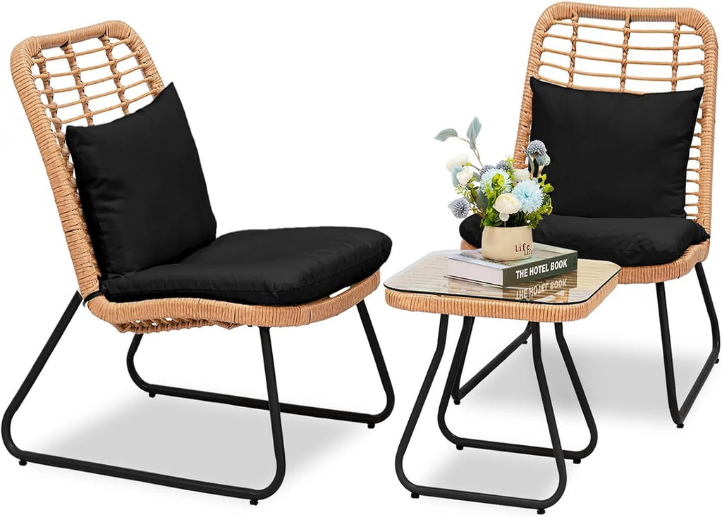 Tappio 3 Piece Outdoor Wicker Furniture Patio Bistro Set, Balcony Furniture Rattan Conversation Sets with Cushions, Wicker Patio Chairs Patio Furniture Set for Outdoor Poolside Garden